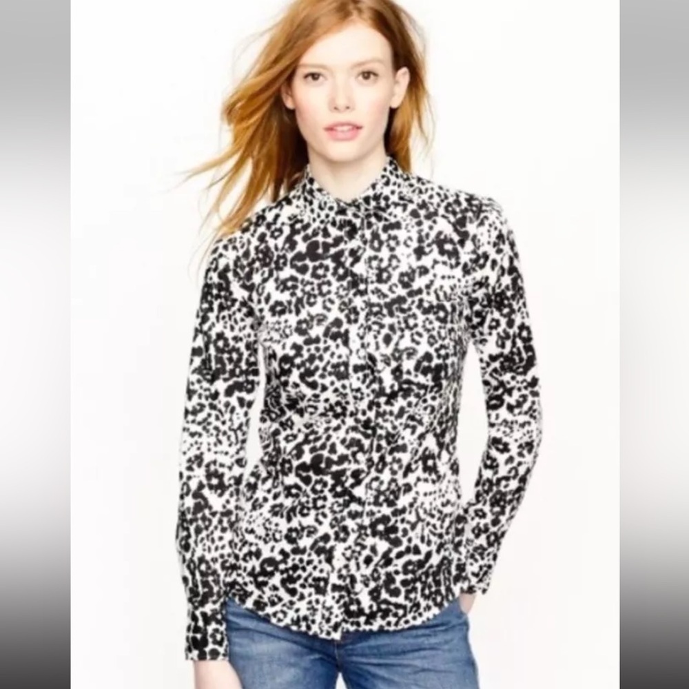 J. CREW Boy Shirt In Snowcat Leopard Animal Print Buttondown Blouse Top Size 8